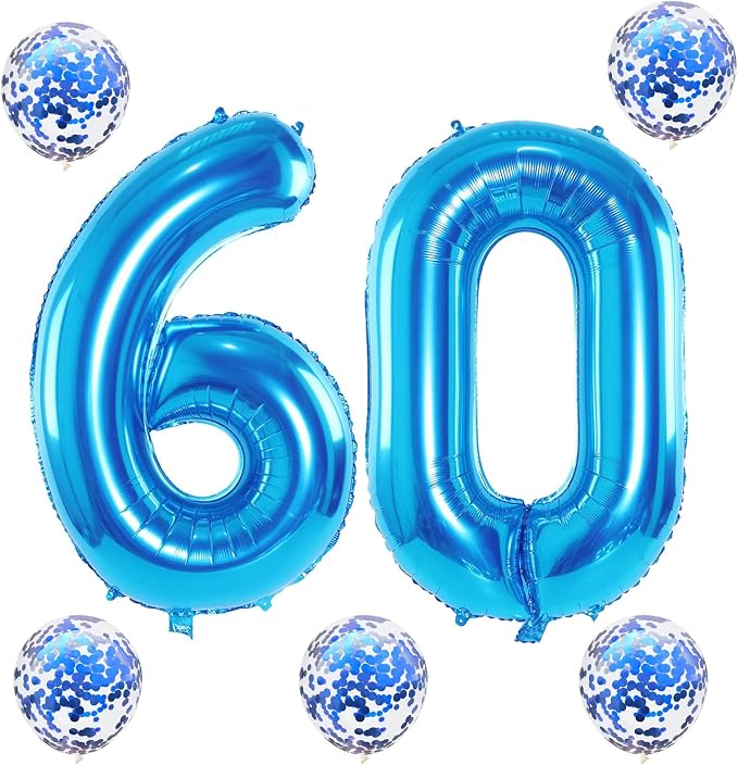 60th Birthday Balloons for Men, 40 Inch Giant Blue Foil Number 60 Balloons - Image 8