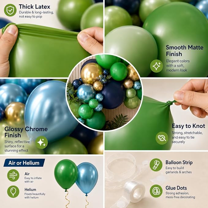 134Pcs Blue and Green Balloon Garland Kit, Dinosaur Helium Latex Balloons - Image 8