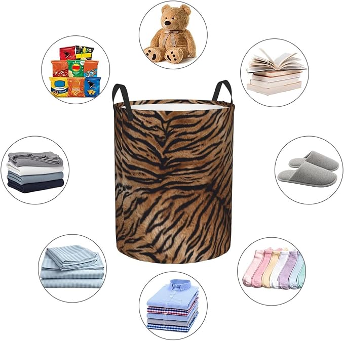 Tiger Texture Round Laundry Hamper Natural Animal Skin Print Storage Basket - Image 9