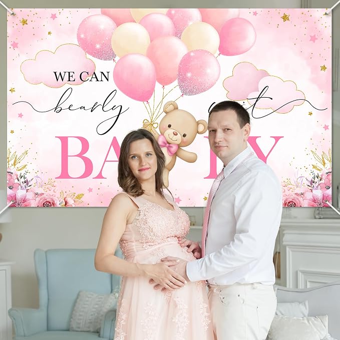 Mocsicka We Can Bearly Wait Backdrop Pink Bear Baby Shower Banner Girls Baby - Image 8