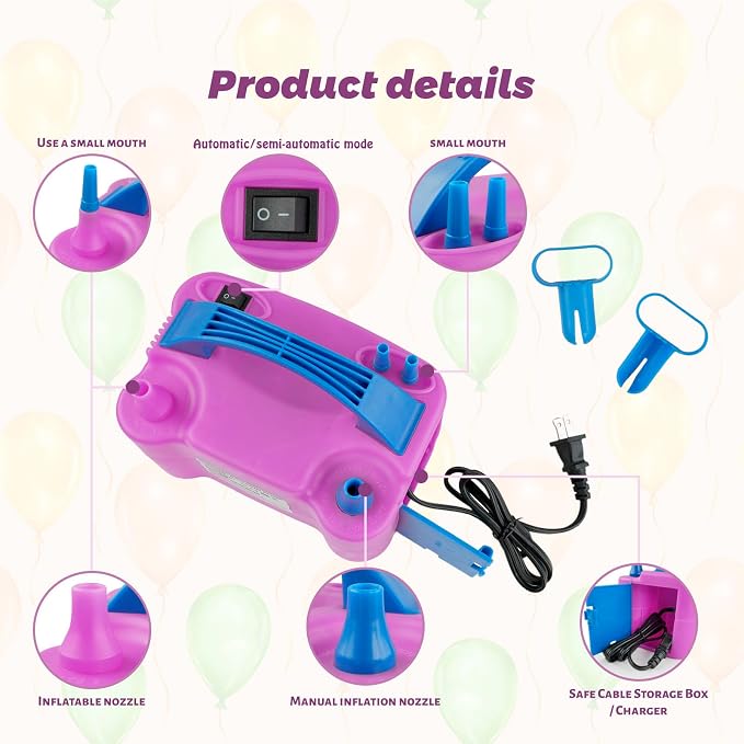 Balloon Pump 600W 110V Rose Red Portable Dual Nozzle Inflato Including 2 - Image 4