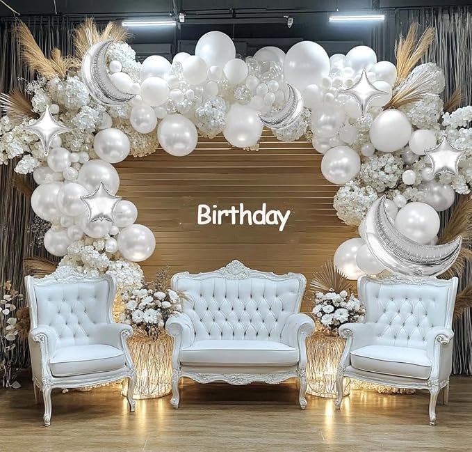 White Balloons Arch Double Stuffed Pearl White Star Moon Balloon Garland - Image 8