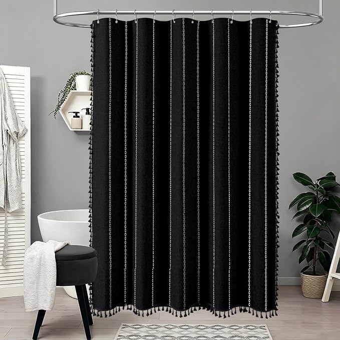 60 x 84 Boho Linen Heavy Duty Cloth Shower Curtain Set, 330GSM Linen Blend - Image 6