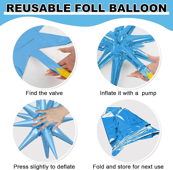 9Pcs Light Blue and Iridescent Star Balloons, Large Explosion Foil Balloons - Image 7