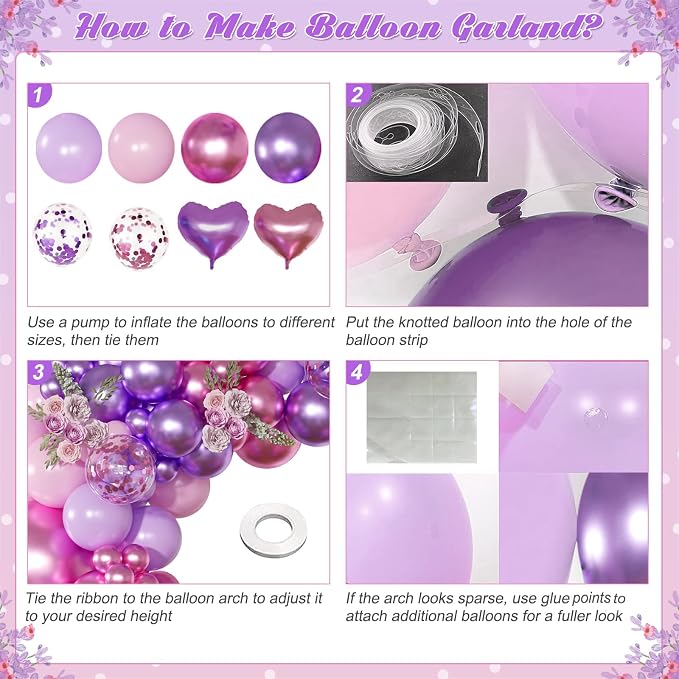 Pink Purple Balloon Garland Arch Kit, Metallic Purple Balloons | 126Pcs Rose - Image 6