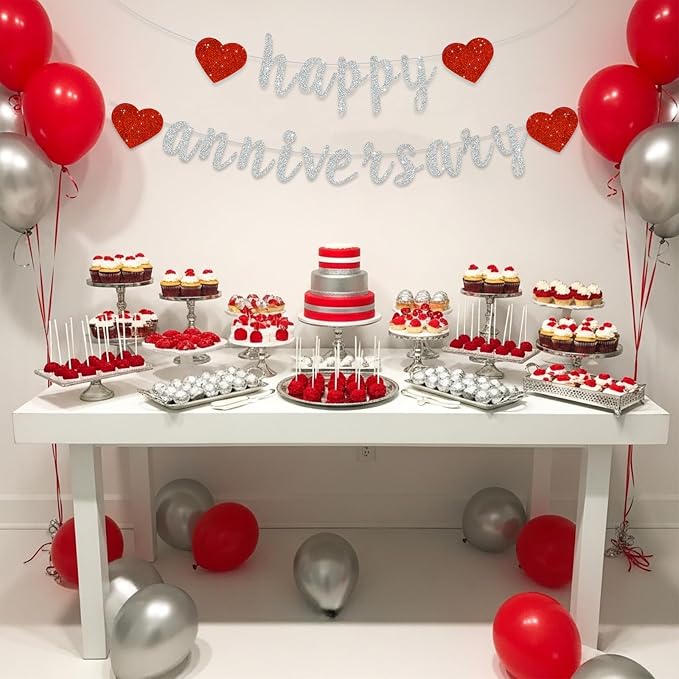 BEISHIDA Glitter Pre-Strung Silver Happy Anniversary Banner Decoration | NO DIY - Image 6