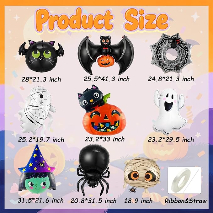 9Pcs Halloween Balloons Decoration Set, Foil Ghost, Spider Web, Pumpkin & Bat - Image 7