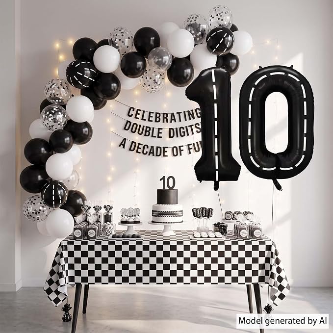 Black and White Stripes Number 10 Balloon 40 Inch, Track Digit Decor | - Image 7