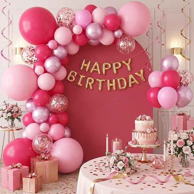 RUBFAC Pink Balloons Garland Arch Kit, Party Balloons Hot Pink Latex Confetti - Image 7