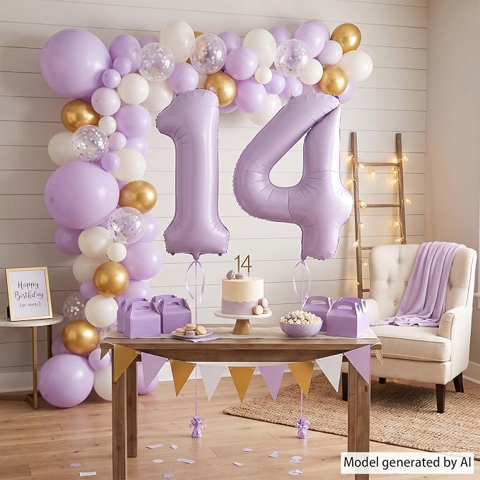 Cream Purple Number 14 Balloon 40 Inch, Foil Numeral Party Decor | Matte Pastel - Image 7