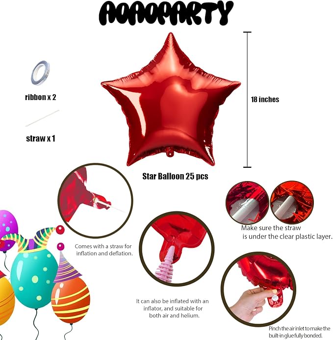 25Pcs Red Star Shaped Balloons 18Inch Foil Mylar Balloon Helium | or Birthday - Image 6