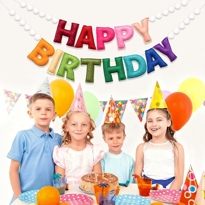 2Pcs Pre-Strung 3D Soft Wool Felt Happy Birthday Banner, Felt Ball Garland | - Image 8