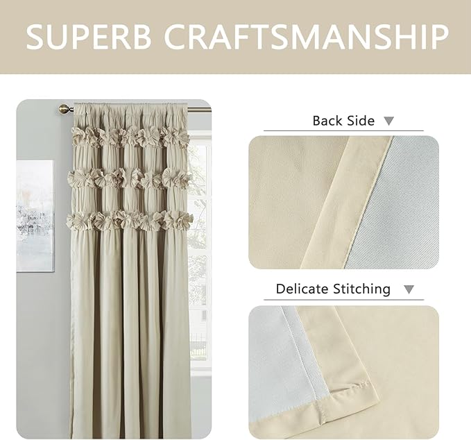 Camel Blackout Curtains with Handmade Ruffles, Butterfly Flower Embellishments - Image 7