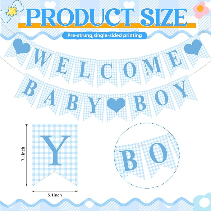 Hahafelt 1 Pcs Blue Gingham Welcome Baby Boy Banner - Image 7