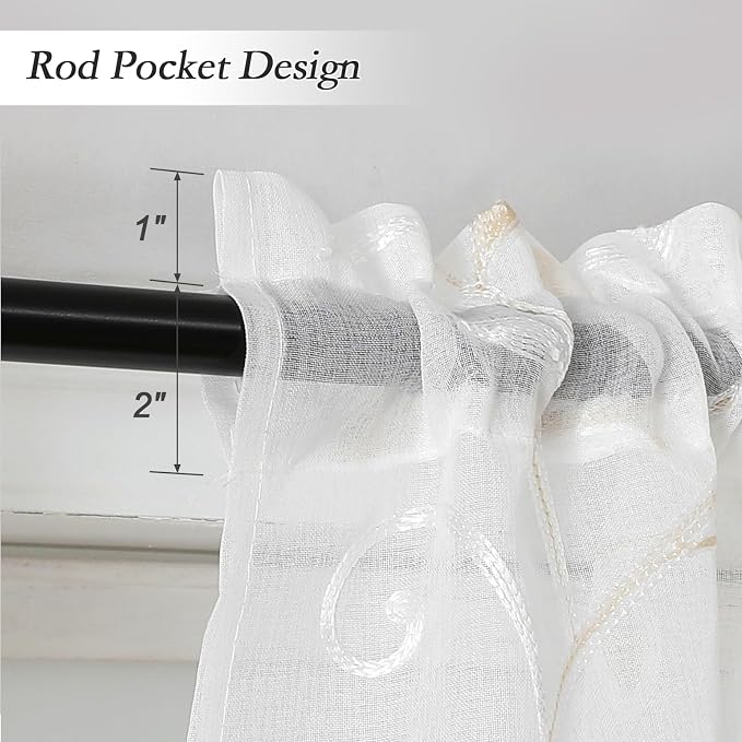 Kitchen Sheer Cafe Curtains Embroidered Leaves Beige 26Wx36L | Light Filtering - Image 6