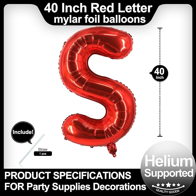 40 Inch Red Letter S Balloons, DIY Phrase Foil Alphabet Letter S Balloons DIY - Image 2