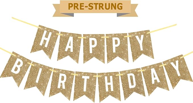 Netnology Pre-Strung Gold Glitter Happy Birthday Banner Decorations | 12 ft No - Image 8