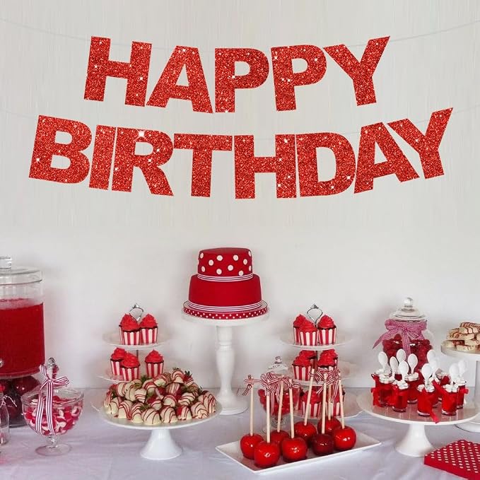 BEISHIDA Pre-Strung Glitter Red Happy Birthday Banner Party Sign Decoration | - Image 6