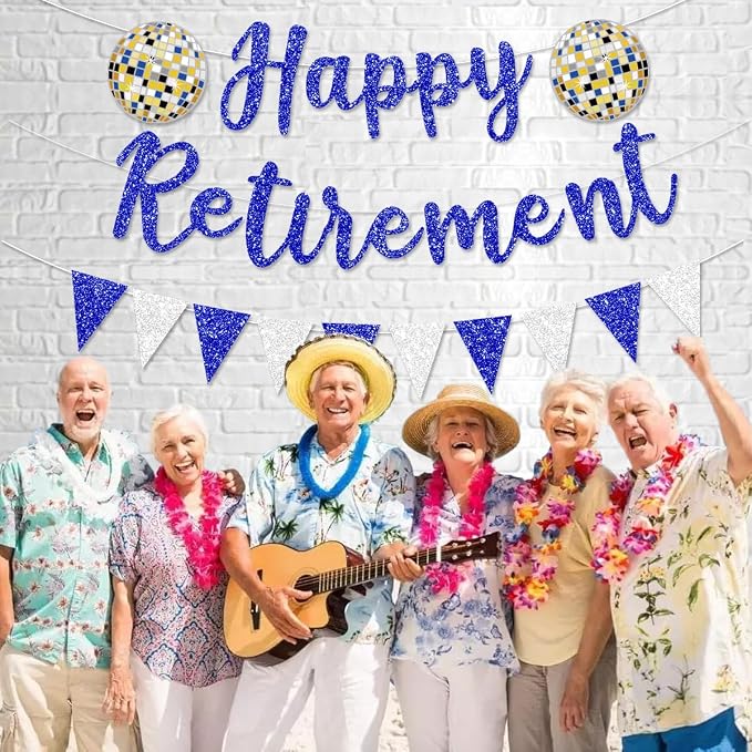 Pre Strung Happy Retirement Banner Party Decorations | Blue Glitter Sign Bunting - Image 5