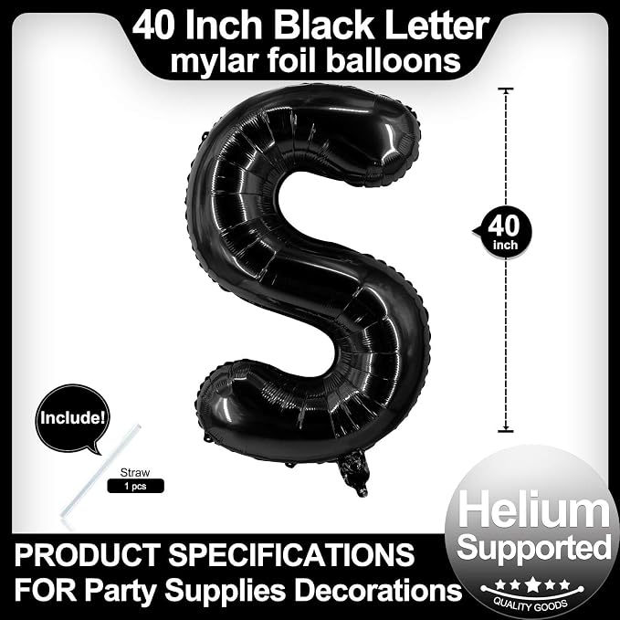40 Inch Black Letter S Balloons, DIY Phrase Foil Alphabet Letter S Balloons DIY - Image 2