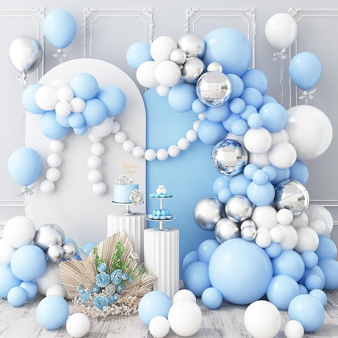Jobkoo Blue White Balloon Arch Kit Baby Blue White Silver Balloon Garland 4D - Image 7