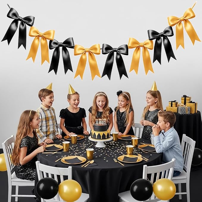 2 Strings of 16PCS Black&Gold Bow Garlands Banner Decoration, Pre-Strung Satin - Image 5