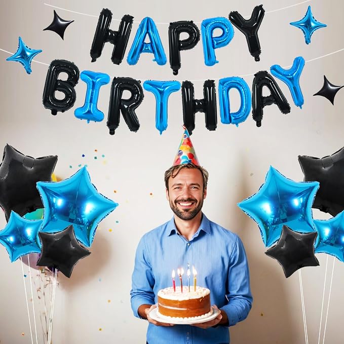 TONIFUL 35PCS Black Blue Happy Birthday Decorations Kit 16 Inch Happy Birthday - Image 6