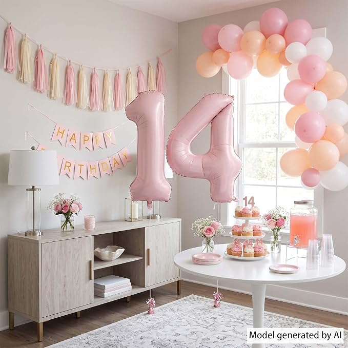 Baby Pink Number 14 Balloon 40 Inch, Pastel Blush Foil Digits Party Supplies | - Image 7