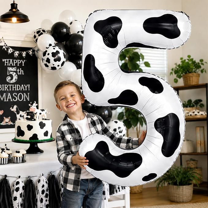 Cow Print Number Balloon 5, 40 Inch Large Self Inflating 5 Foil Number Balloons - Image 7