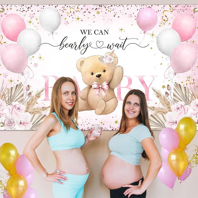 Pink Bear Baby Shower Backdrop 7x5 ft We Can Bearly Wait Banner - Image 7