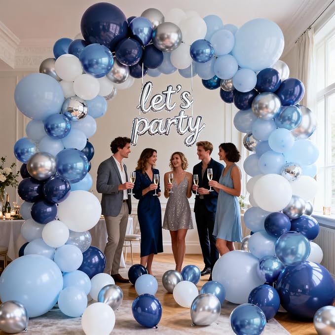 Navy Light Metallic Blue Silver White Balloons Arch Kit 129 Pcs | Baby Shower - Image 7