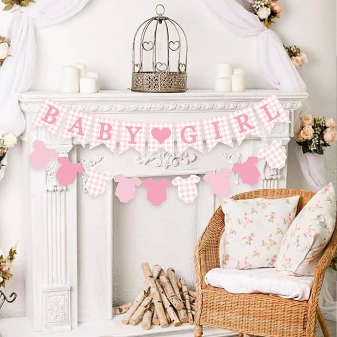 Pink Gingham Baby Banner Girl Plaid Welcome Baby Shower Sign Decoration - Image 5