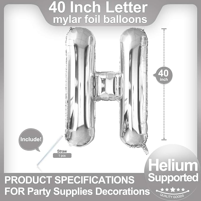 40 Inch Silver Letter H Balloons, DIY Phrase Foil Alphabet Letter H Balloons - Image 2