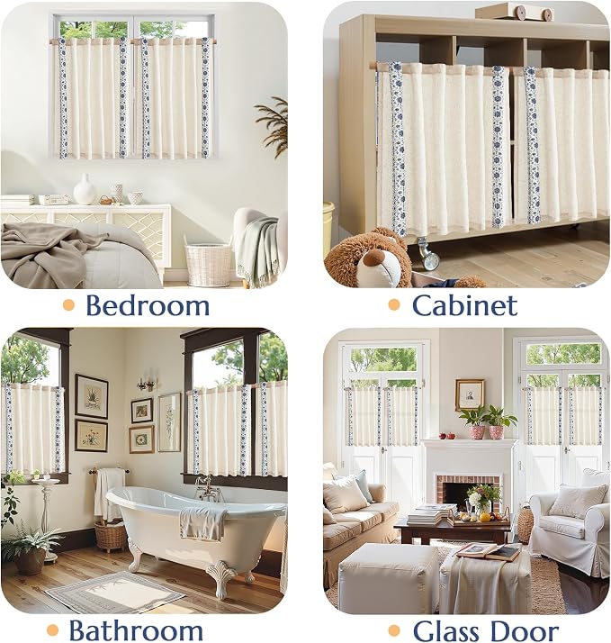 jinchan Blue Floral Embroidered Linen Kitchen Curtains 54×45 Inch 2 Panels | - Image 9