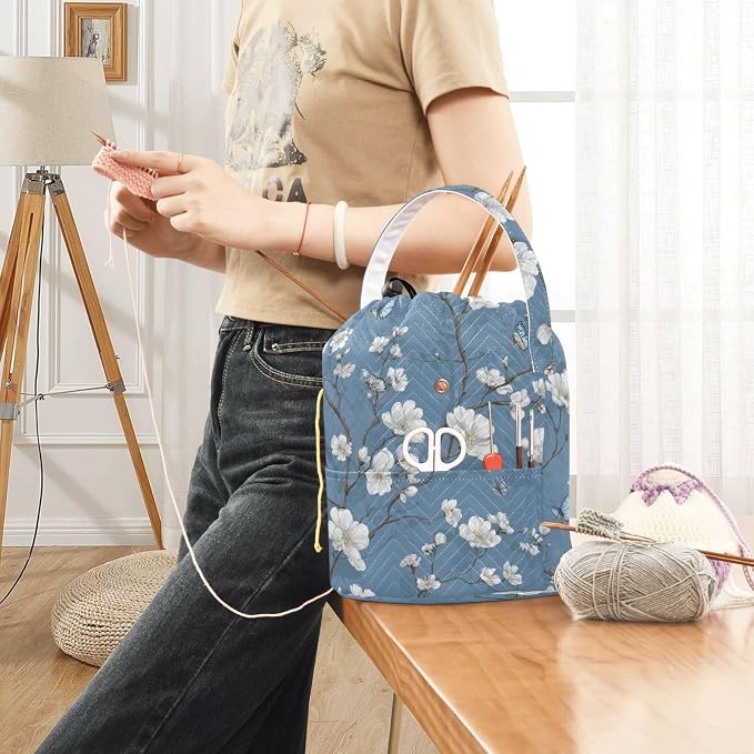 Blue Floral Butterfly Yarn Bag Small Crochet Bag Drawstring Yarn Storage - Image 6