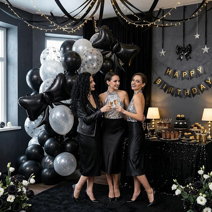Black Bow Balloons, 12 Inch Black Pearl Transparent White Printed Balloons - Image 7