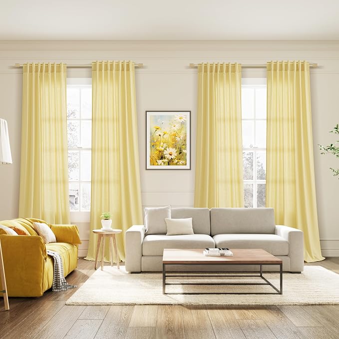 Yellow Linen Semi Sheer Curtains 120 Inches Long 2 Panels Set Back Tab Loop - Image 7