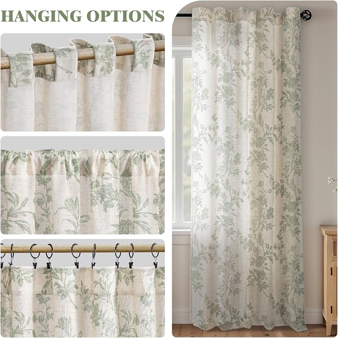Sage Green Floral Curtains 84 Inch, Light Filtering Linen Texture Drapes 2 - Image 5
