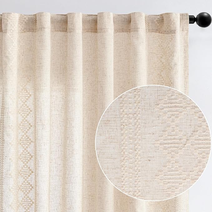 jinchan Floral Linen Curtains Embroidered Back Tab 50x96in 2 Panels Ivory | - Image 9