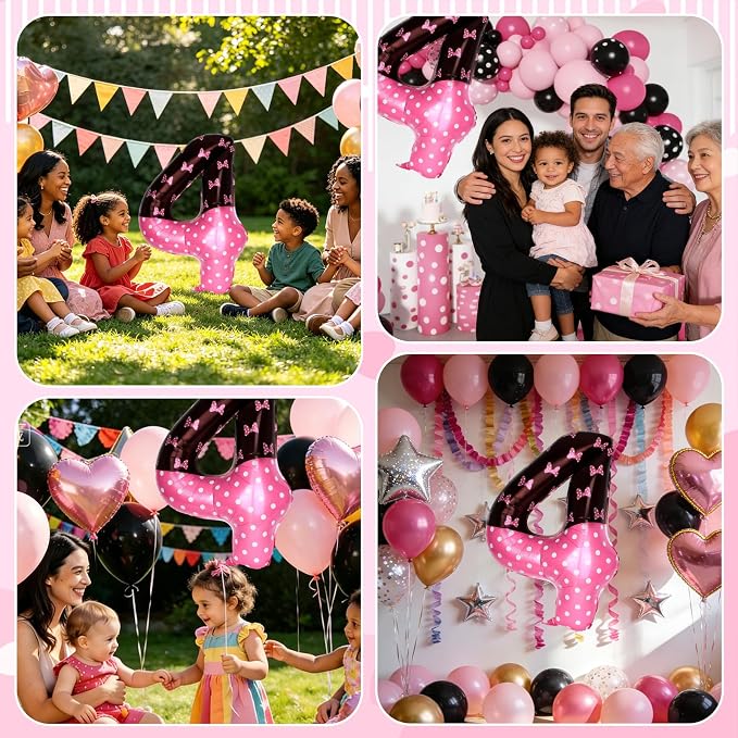 40 Inch Pink Cartoon Mouse Number 4 Balloon, Birthday Party Decorations | Black - Image 7
