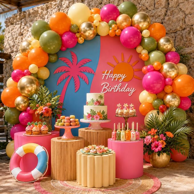 Tropical Hawaiian Balloons Arch Garland Kit, Olive Green Hot Pink Orange Yellow - Image 9