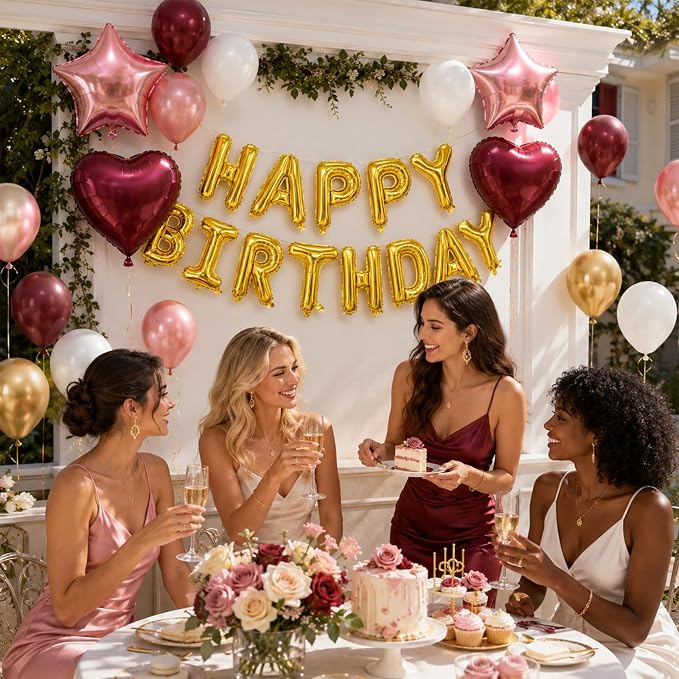 Burgundy Birthday Decorations for Women Girls, Burgundy Rose Gold Balloons Gold - Image 7