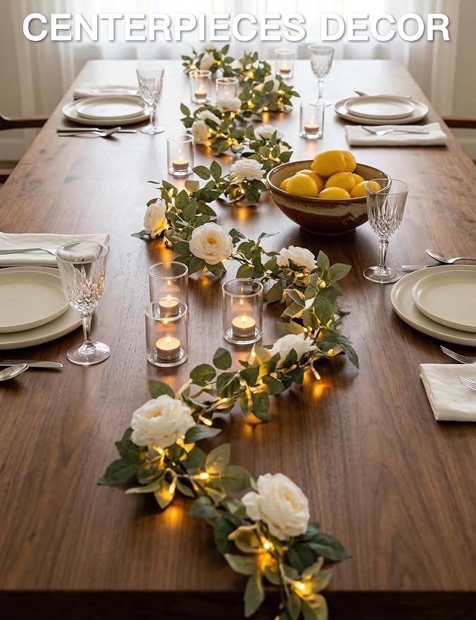 60LED Garland with White Camellia Lights Battery Operated Clear Wire | Vines - Image 7