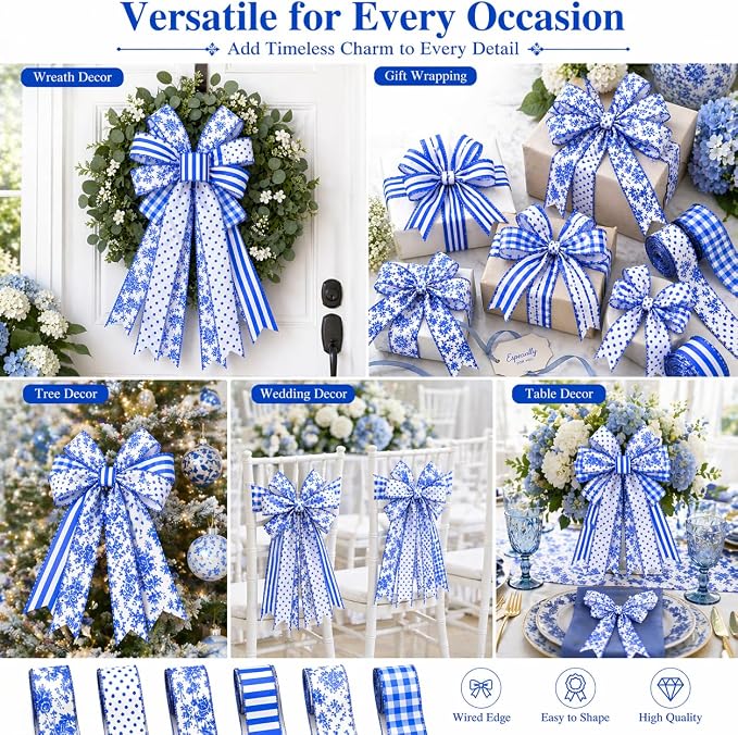 Blue and White Wired Ribbon Set, 6 Rolls 2.5 Inch Decorative Ribbon, - Image 7