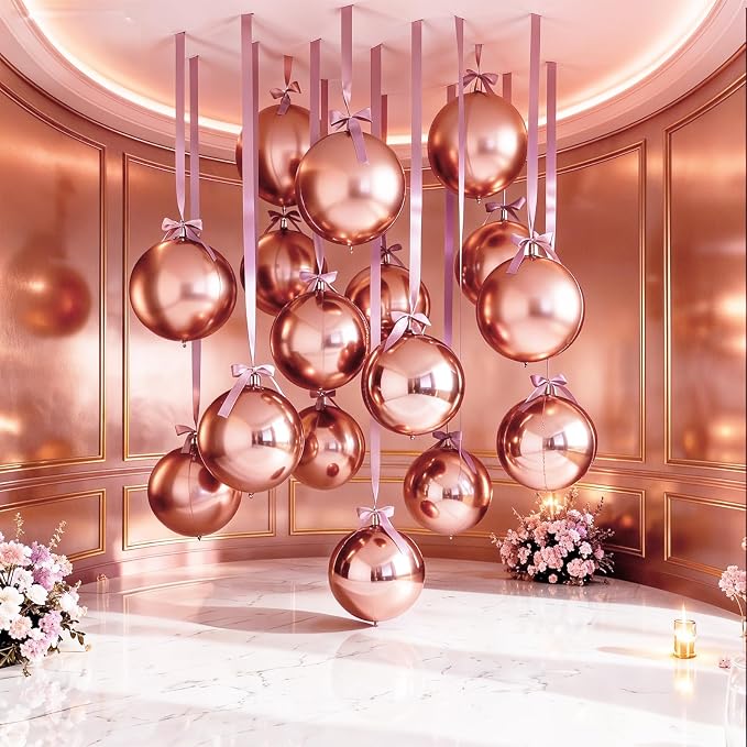 14 Pcs Rose Gold Round Foil Balloons 22/15/10 4D Ball Balloons Rose Metallic - Image 7