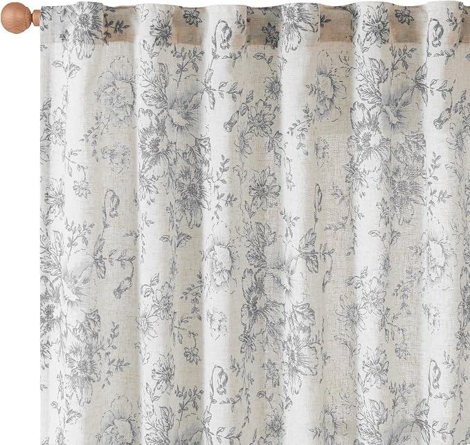 jinchan Grey Floral Linen Curtains 90 Inch Vintage Back Tab 2 Panels | Light - Image 9