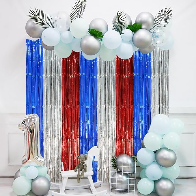 Voircoloria Blue Red Silver Foil Fringe Backdrop Curtains, 2 Pack | Tinsel - Image 7
