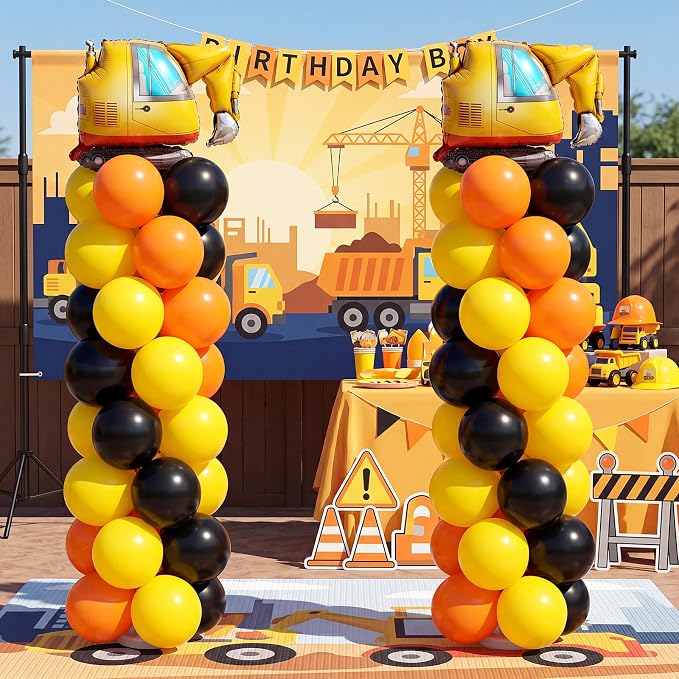 2 Set Construction Party Balloon Column Stand Kit Orange Yellow Black Balloon - Image 6