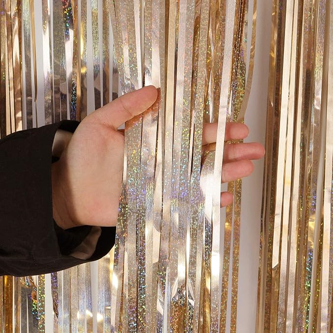 Champagne Tinsel Foil Fringe Curtain, 2 Pack 3.3 x 8.2 Ft Metallic Glitter - Image 7