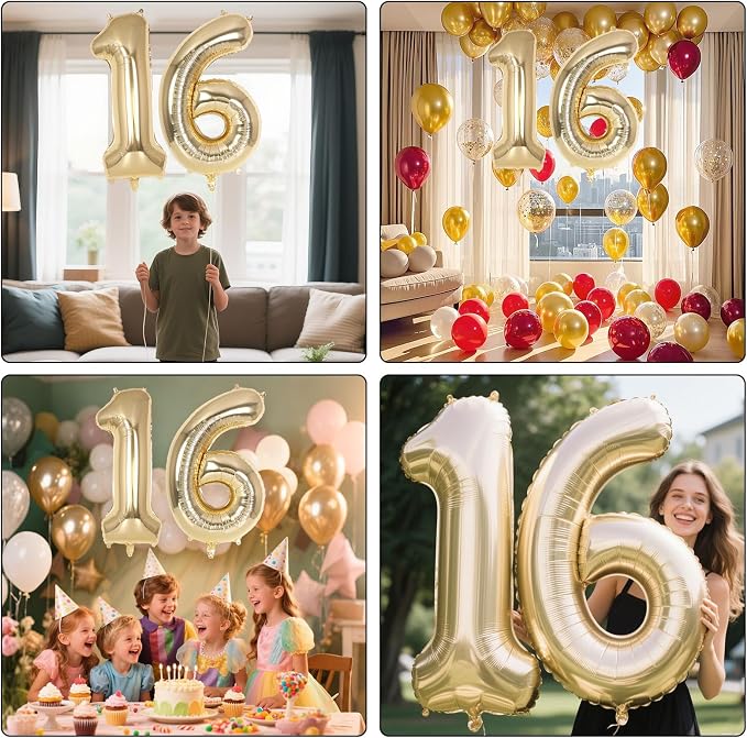 Champagne Gold Large Number 16 Balloon, 40 Inch Light Gold Foil Helium Number - Image 7